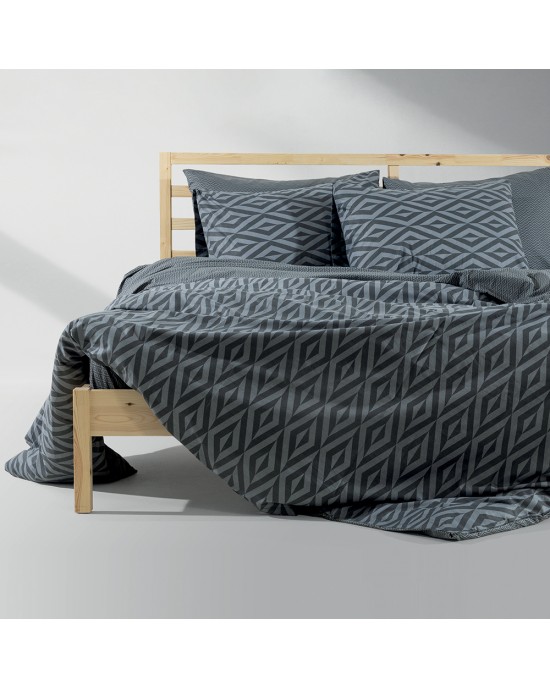 LINO Σετ Σεντόνια Υπέρδιπλα Με Λάστιχο (170Χ200+35) Ikat Σκούρο Γκρι